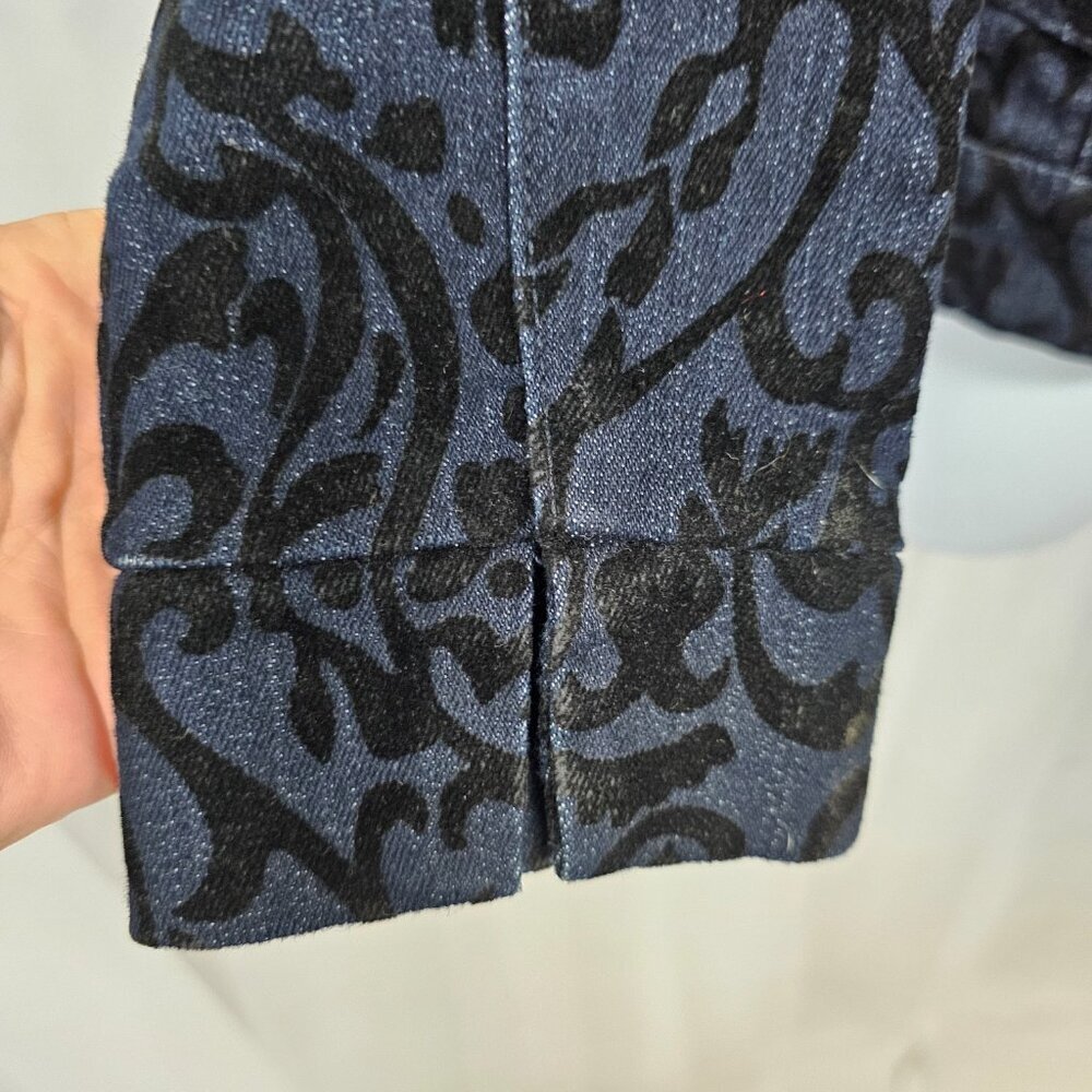 Tantrums Blue Black Velour Flocked Denim Jacket Zip Ruffle Boho M - Picture 5 of 14
